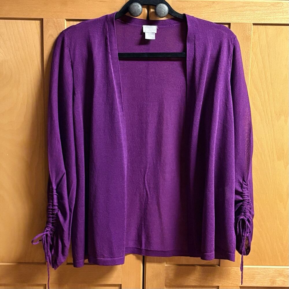 Chicos Open Sweater Size 1 Purple Drawstring 3/4 Sleeves